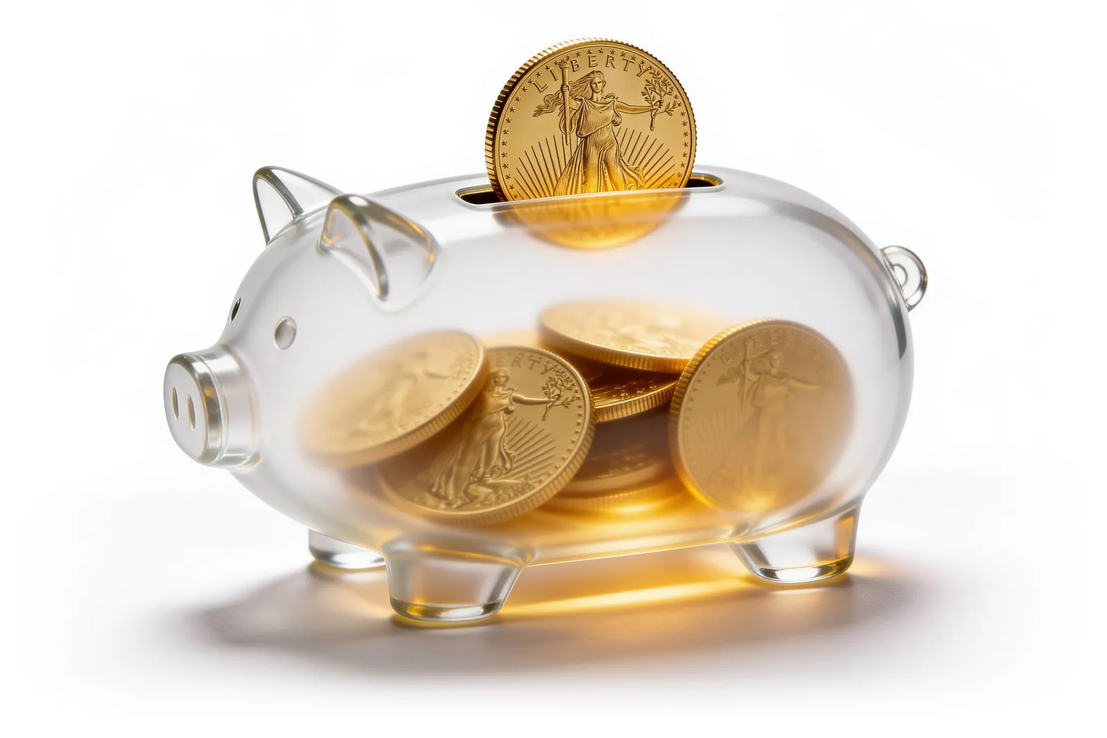 A glass piggy bank filled with gold American Eagle coins, with one more dropping through the slot