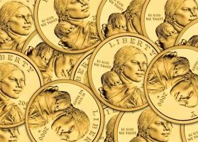 Dozens of Sacajawea gold dollar coins, face up