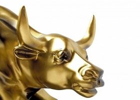 Gold bull statue with white background