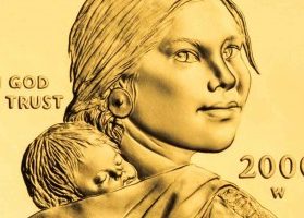 Sacagawea gold dollar coin zoomed in on women's face