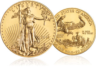 Two Gold American Eagle coins standing next to eachother with the left one showing the obverse side and the right one showing the reverse side