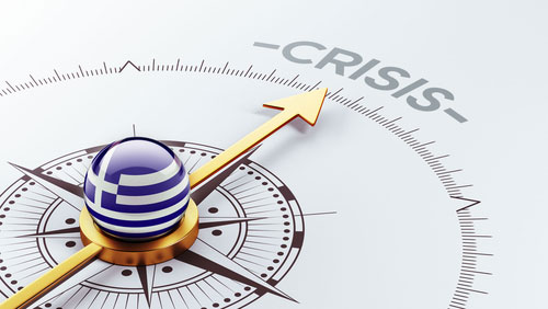 Sleek compass rose with flag of Greece in center, and gold arrow pointing directly at the words "Crisis"
