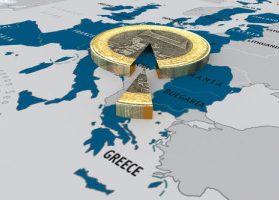 Blue and grey map of the world with a focus on Greece, overshadowed by a gold coin with a pie cut out of it