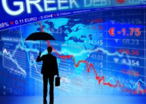 Greek debt highlighted above a backdrop of stock market prices and shadow of a man holding briefcase and umbrella