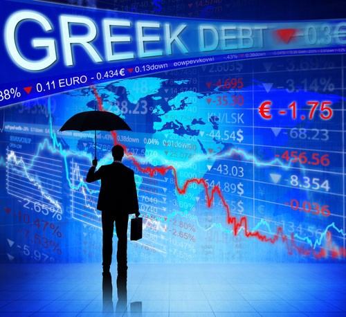 Greek debt highlighted above a backdrop of stock market prices and shadow of a man holding briefcase and umbrella