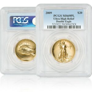 front and back of Ultra High Relief Double Eagle in plastic casing