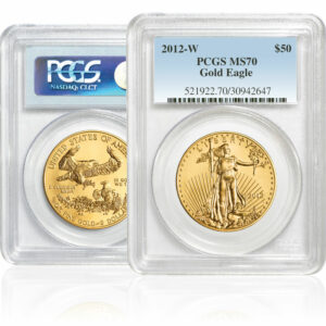depan dan belakang koin emas amerika elang dalam casing platic tertutup