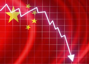 White arrow indicating China stocks crash and Chinese flag in background