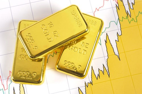 Three 10 oz. gold bars resting atop gold market line chart
