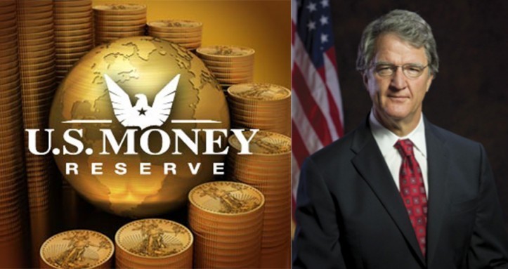 U.S. Money Reserve logo against backdrop of gold coins, next to formal, patriotic headshot of Philip Diehl