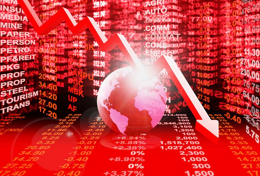Red arrow, red globe, and litany of red stock market numbers indicating stocks down