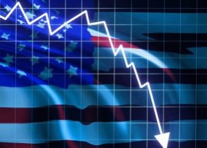 American flag and falling arrow indicating chances of recession on Wall Street are growing for 2016