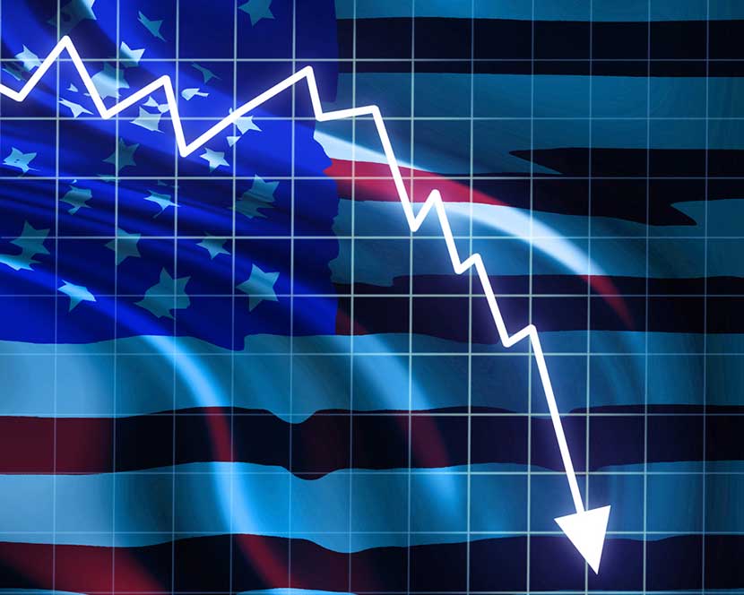 American flag and falling arrow indicating chances of recession on Wall Street are growing for 2016