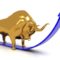 Gold bull with head down, with blue arrow indicating gold prices increasing