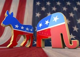 Patriotic donkey and elephant representing the political parties of the South Carolina primary