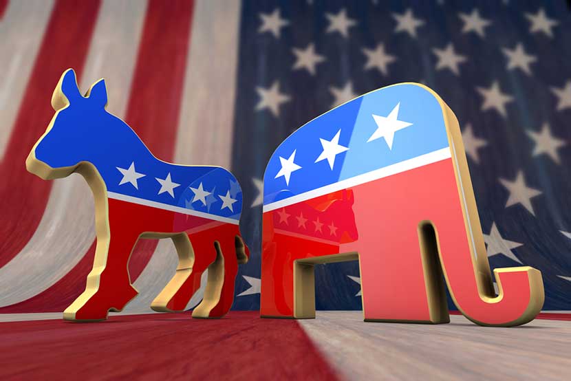 Patriotic donkey and elephant representing the political parties of the South Carolina primary
