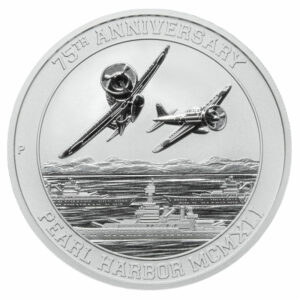 Reverse of 1 oz. Pearl Harbor Silver Coin featuring Japanese fighter planes above U.S. Navy ships