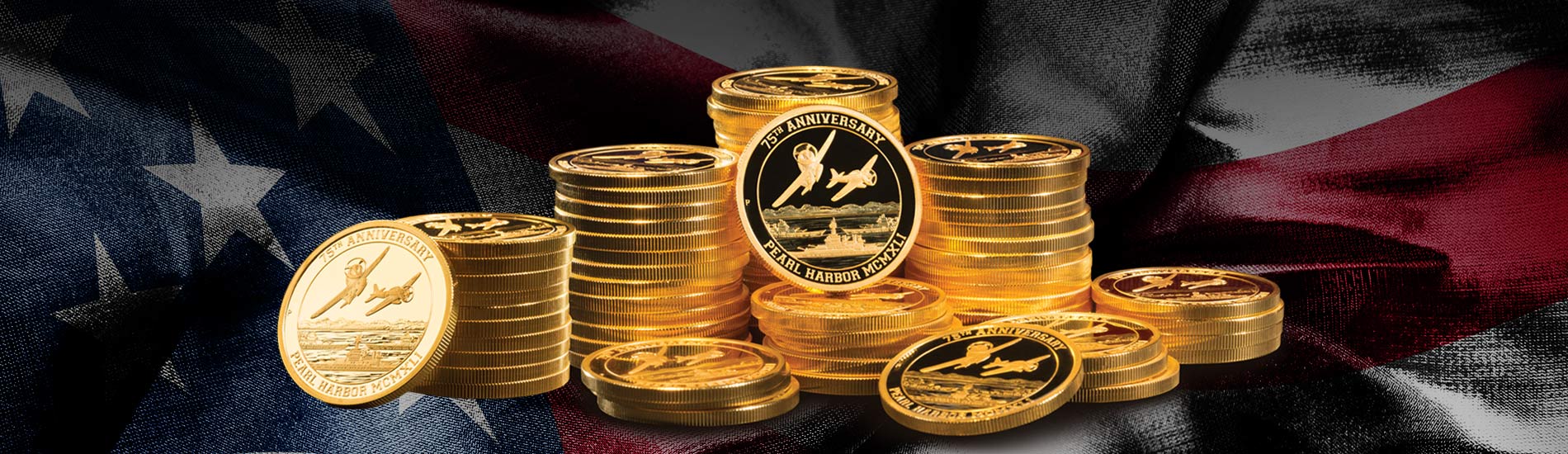 Pearl Harbor Gold Coins spread against American flag