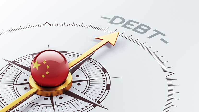 Gold arrow and compass pointing towards debt, illustrating China's debt load reaching a record high
