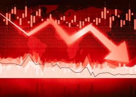 Eerily red stock market board with plunging error, indicating potential global recession