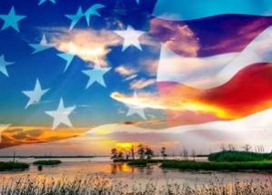 American flag waving over swamp at dusk