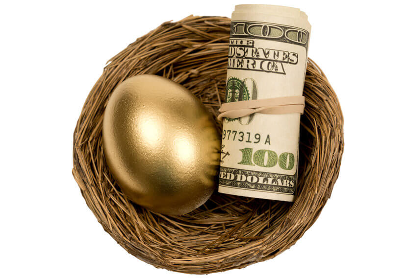 Gold egg in nest with roll of one hundred dollar bills