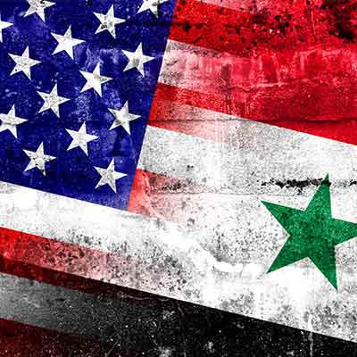 Distressed image of U.S.A and Syria flags merged together at the middle