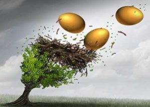 gold eggs in a giant nest being blow out of a tree by strong winds