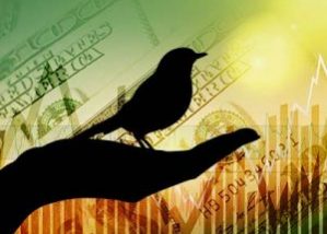 silhouette of hand holding a bird placed in front of a yellow/green background of graphs increasing and U.S. hundred dollar bills overlaid on top and faded