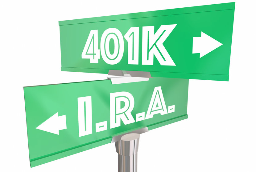Green 401k and IRA street sign, pointing in two different directions