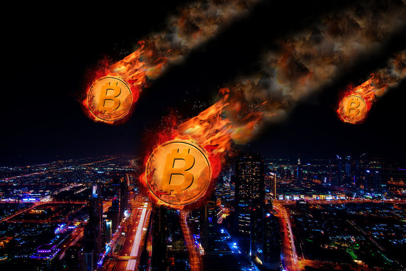 Bitcoin on fire, falling from sky over city, illustrating demise of cryptocurrency