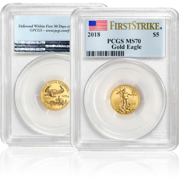 2018 1/10 oz. Gold American Eagle Coin MS70 in plastic case from PCGS with First Strike label