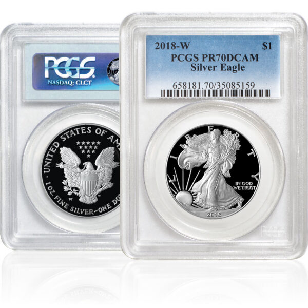 Front and back view of Silver American Eagle Proof Coin in sealed PCGS slab