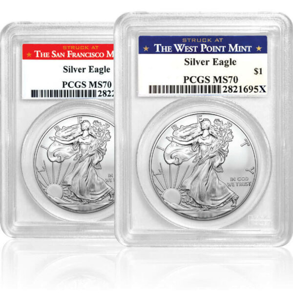1 oz. Silver American Eagle coin (PCGS MS70) from San Francisco and West Point Mints