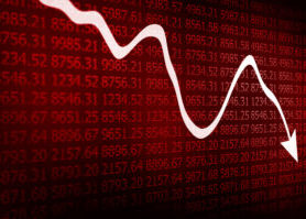 Stock market arrow graph going down on red display