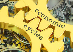 Economics cycles concept on the gearwheels, 3D rendering