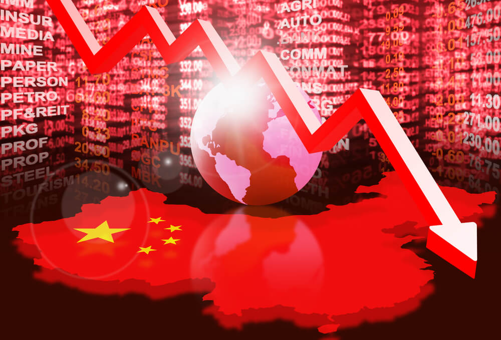 Red map of China, globe, and plummeting arrow; stocks in the background