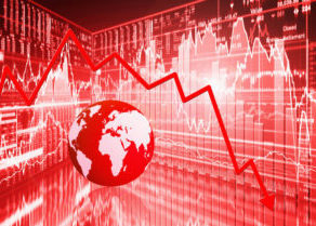 Red stock market background, globe, and plummeting arrow showing decline