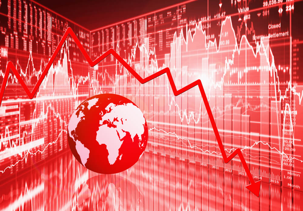 Red stock market background, globe, and plummeting arrow on top of stock market graphic