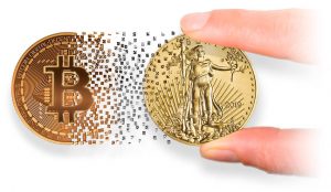 orange bitcoin fading into shiny gold coin with white background