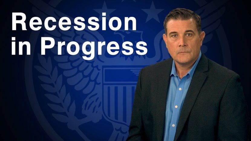 blue image with white letters that say "recession in progress" presented by Coy Wells