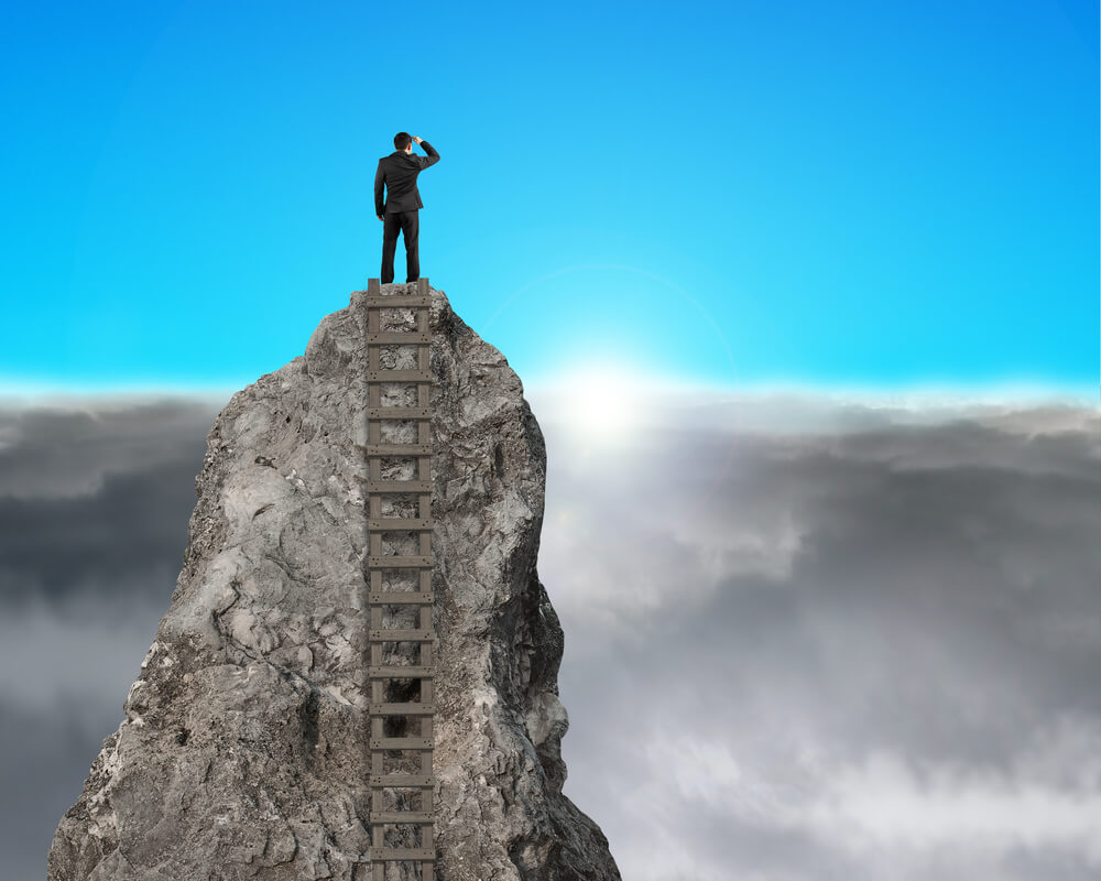 Businessman at the top of a mountain looking at the horizon with a ladder attached to the mountain
