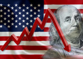 Flag of the United States of America with the face of Benjamin Franklin on US dollar 100 bill and a red arrow indicates the stock market enter recession period