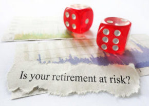 Retirement risk news headline with dice and stock market charts