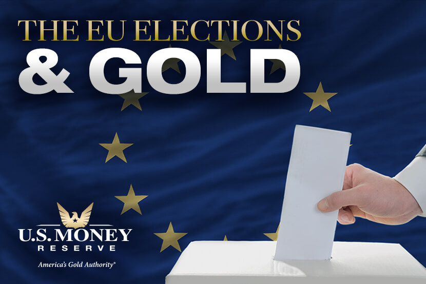 The EU Elections & Gold; Hand putting white ballot in box with European Union flag in background