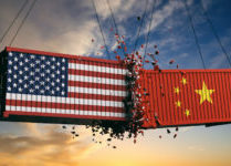Two shipping containers representing united states and russia