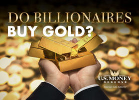 Gold bars in business man's hands under the question, Do billionaires buy gold?