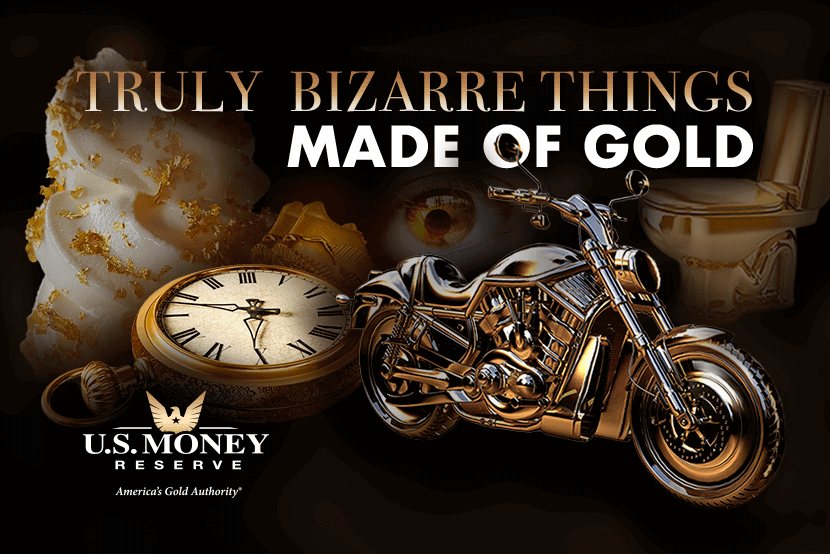 Soft serve ice cream covered in gold flakes, gold pocket watch, gold motorcycle, and gold toilet - Truly Bizarre Things Made of Gold