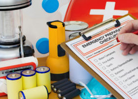 Person reviewing emergency preparedness checklist and looking at batteries, flashlight and first aid kit