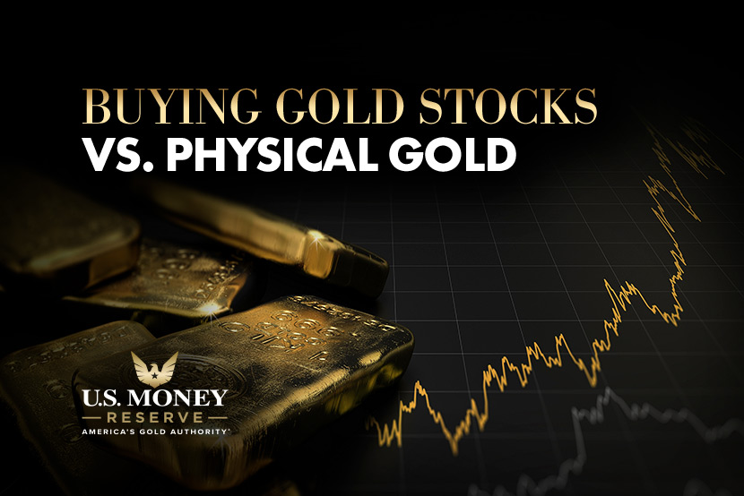 Gold bars and price chart with text "Buying gold stocks vs. physical gold"